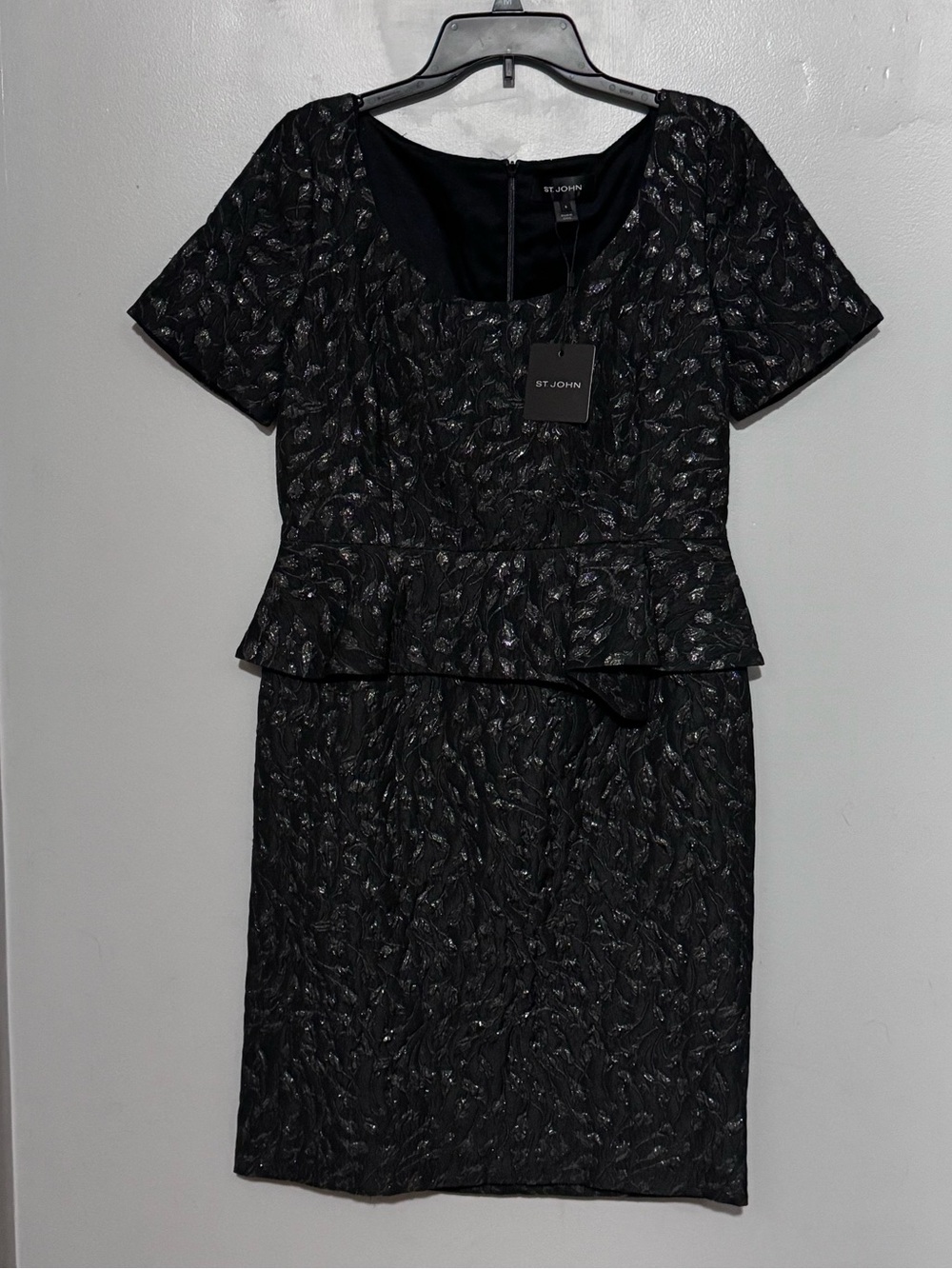 St. John Black Metallic Thread Peplum Midi Dress